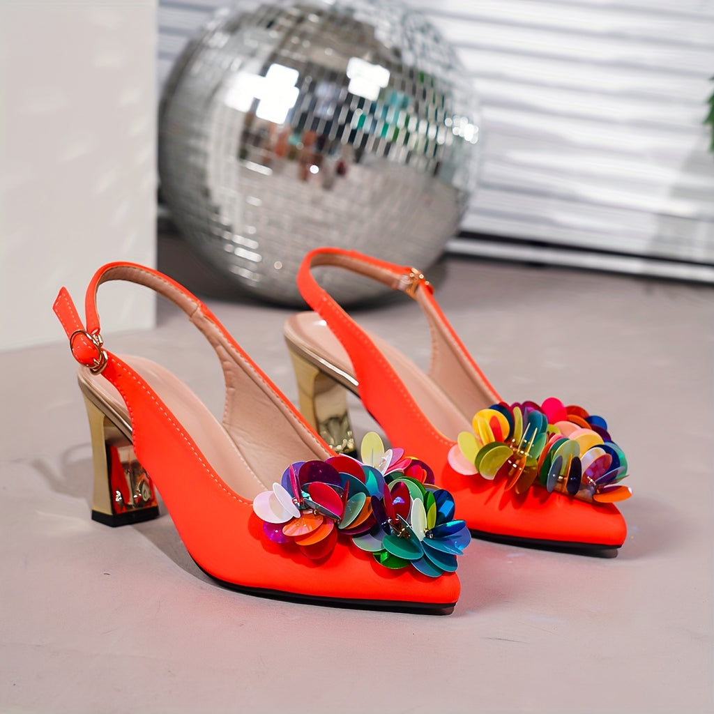Women's Pointed Toe Block Heel Pumps – Orange & Black Sequined Evening Shoes with Cushioned Insole & Non-Slip Rubber Sole – Party & Wedding Guest