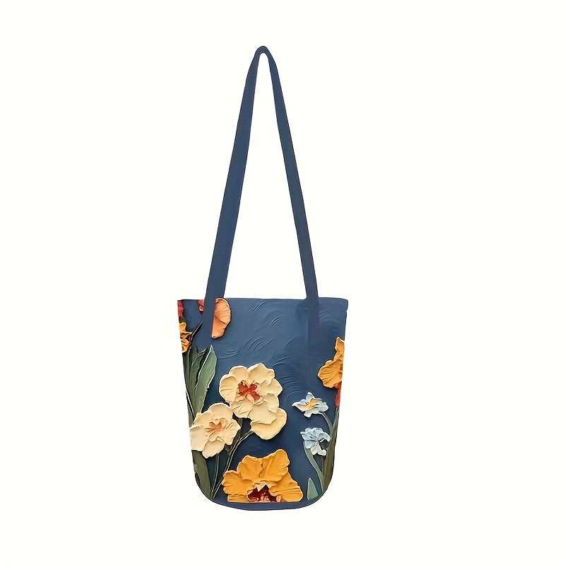 Women's Floral Bucket Handbag - Large Capacity Oxford Tote with Oil Painting Flower Design, Buckle Closure & Fixed Shoulder Strap (Black, Blue, Green)