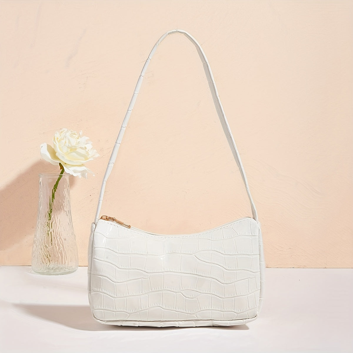 Golden Crocodile-Embossed Shoulder Baguette Bag for Women, Metallic Underarm Purse — Chic Everyday & Mother's Day Gift