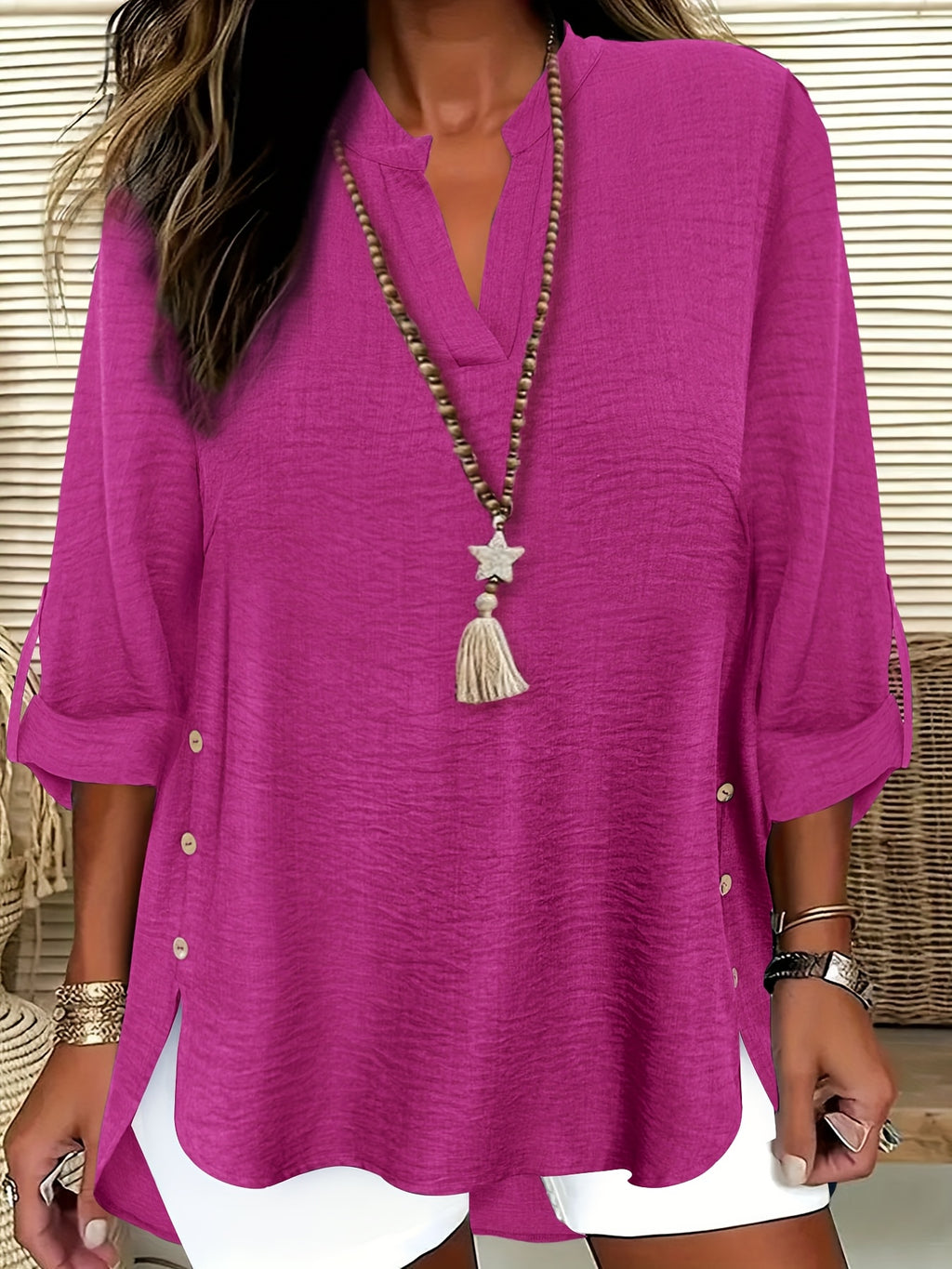 Plus Size Faux Denim Blouse with Decorative Buttons & Tassel Knot Front High-Low Hem Spring/Summer Polyester Blend