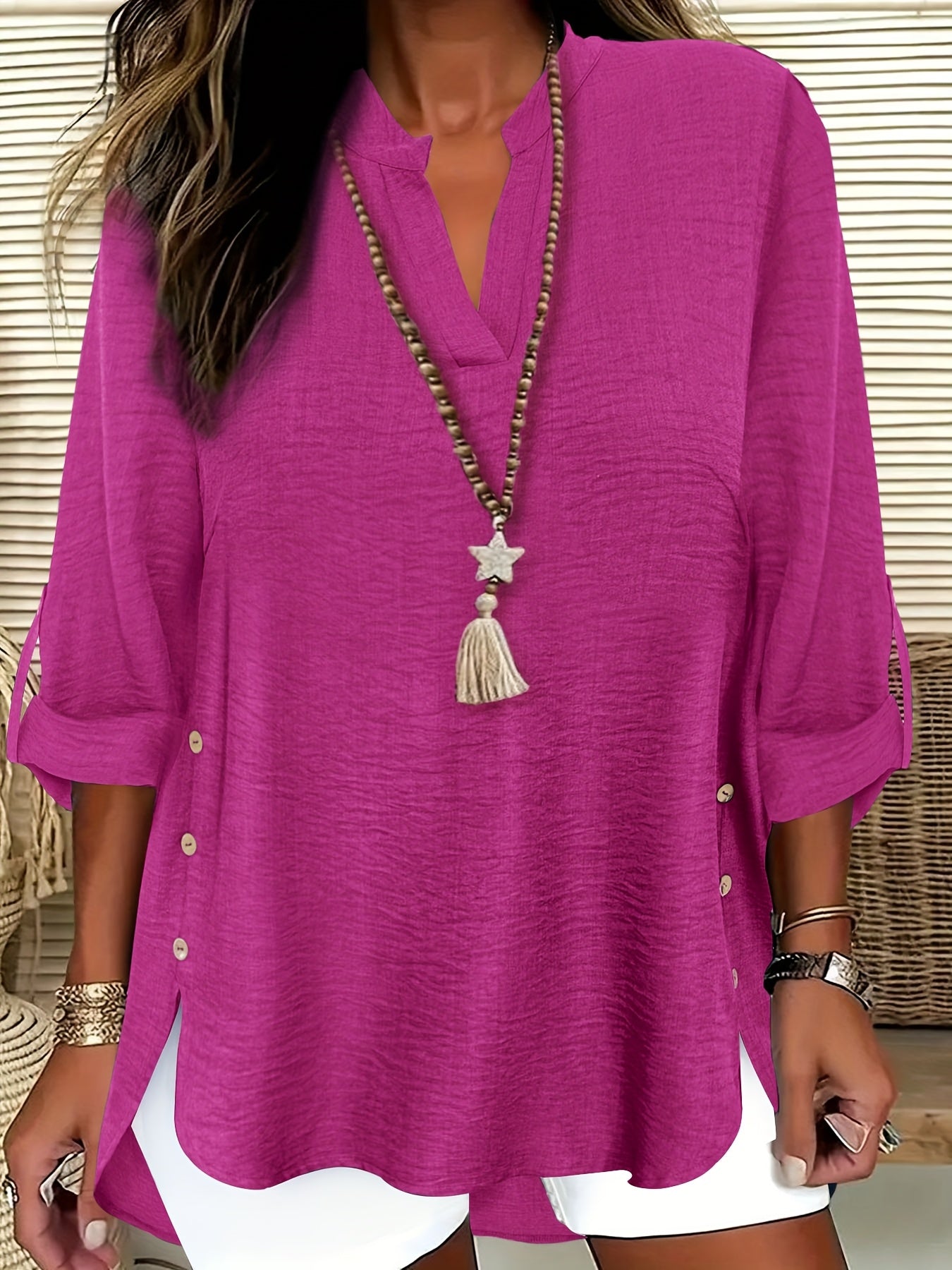 Plus Size Faux Denim Blouse with Decorative Buttons & Tassel Knot Front High-Low Hem Spring/Summer Polyester Blend