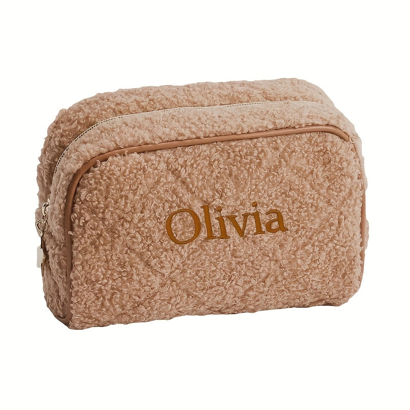 Personalized Embroidered Fuzzy Quilted Cosmetic Bag - Custom Makeup Pouch with Zipper & Shoulder Strap for Women