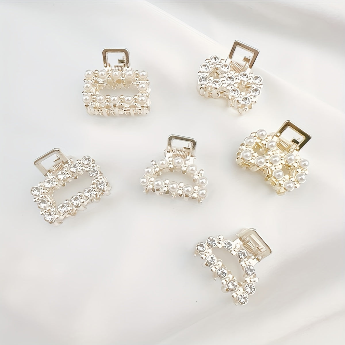 6-Pack Women's Metal Hair Claw Clips with Faux Pearls & Rhinestones, Elegant Boho Set