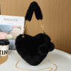 Plush Heart-Shaped Faux Fur Shoulder Bag with Pom-Pom Wristlet - Zipper Closure Cozy Winter Handbag (Beige, Pink, White, Red, Black)