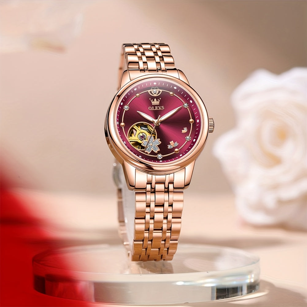OLEVS Women's Automatic Mechanical Watch – Rose Gold Stainless Steel, Luminous Hands, Chronograph & 24-Hour Display – Luxury Dress Watch, No Battery