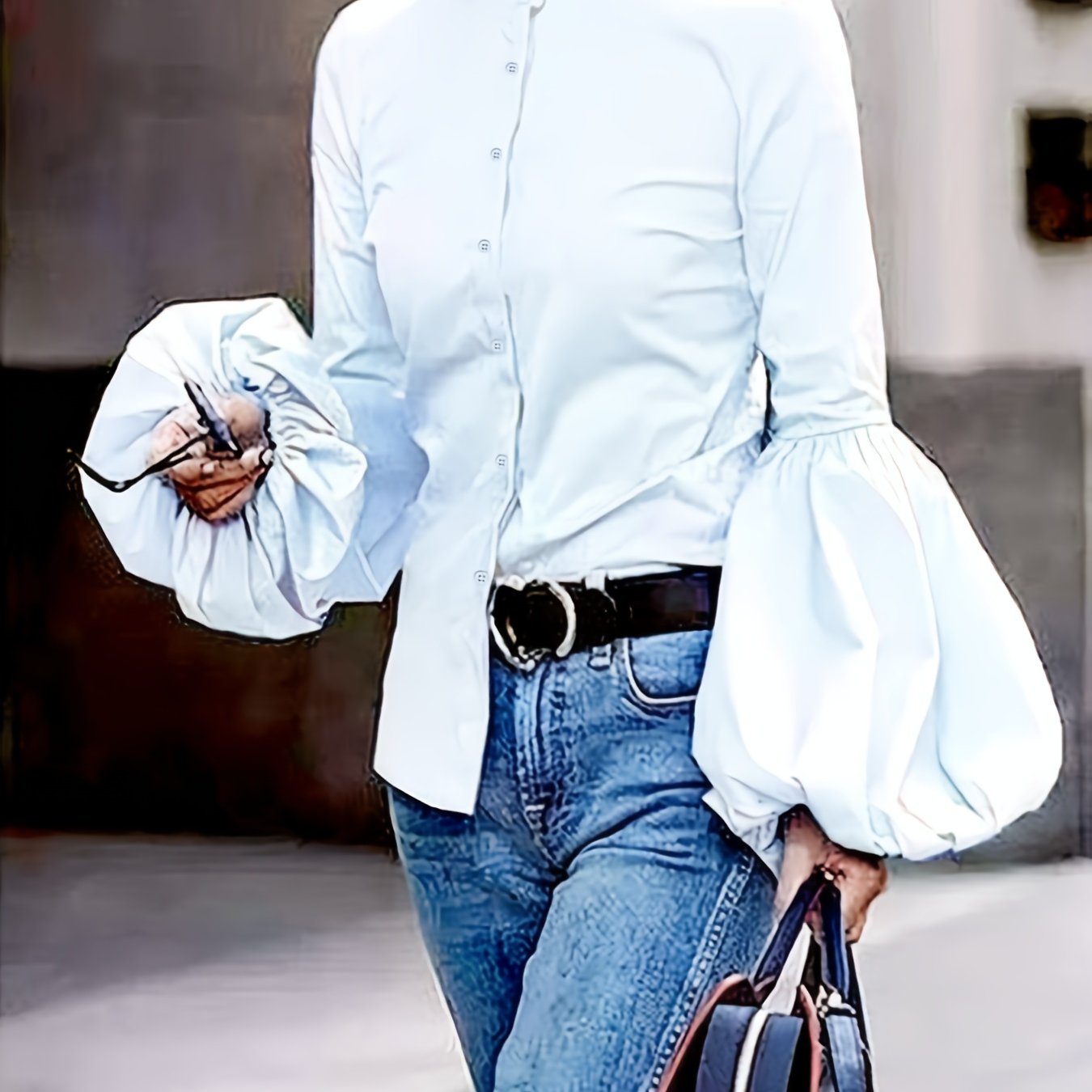 Urban Chic High-Neck Women's Blouse with Puff Sleeves - Slim Fit Long-Sleeve Button-Up Shirt in White