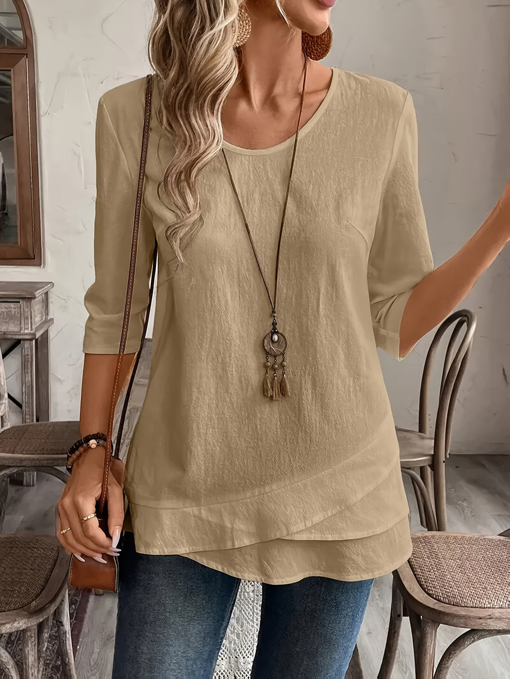Women's Blue Asymmetrical Hem 3/4 Sleeve Top – Round Neck Pullover Blouse, Regular Fit, All-Season Casual