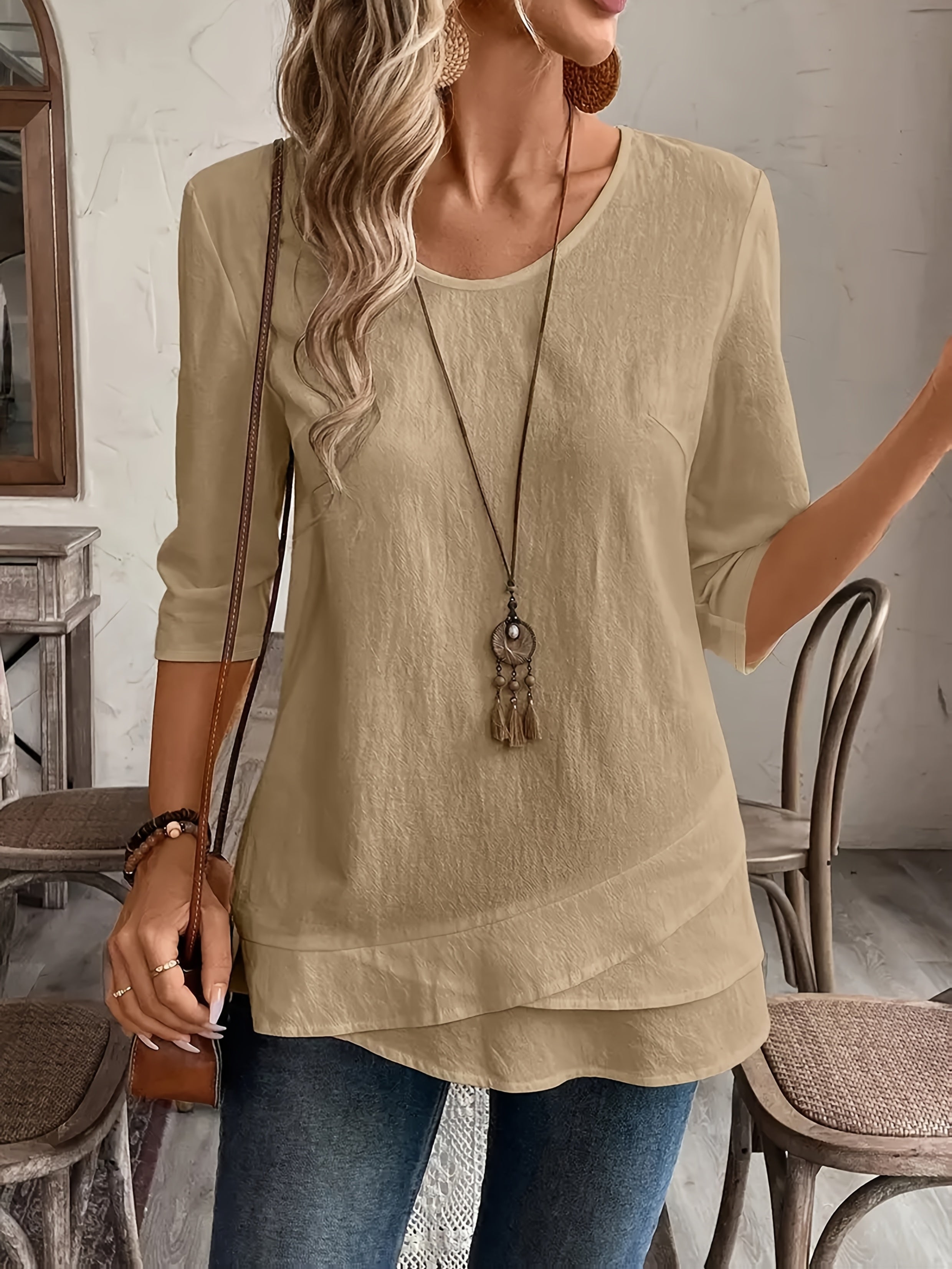 Women's Blue Asymmetrical Hem 3/4 Sleeve Top – Round Neck Pullover Blouse, Regular Fit, All-Season Casual
