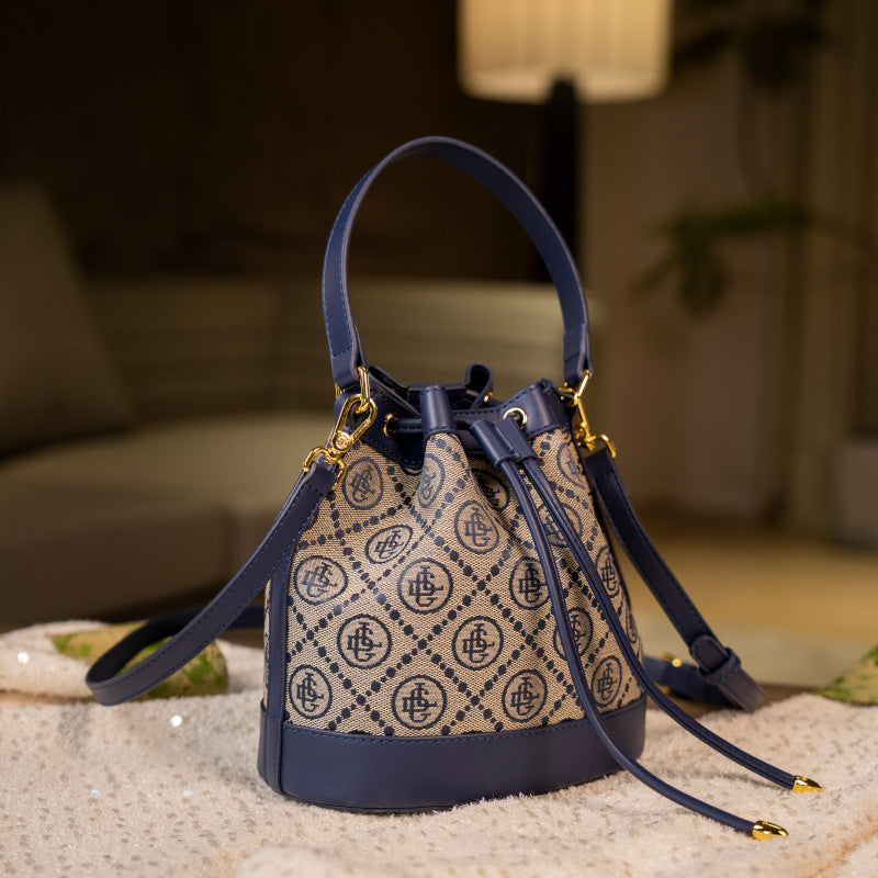 Golan Dai Women's Blue and Gold Embellished Bucket Bag - Drawstring Handbag with Gold-Tone Hardware for Work, Travel, Casual