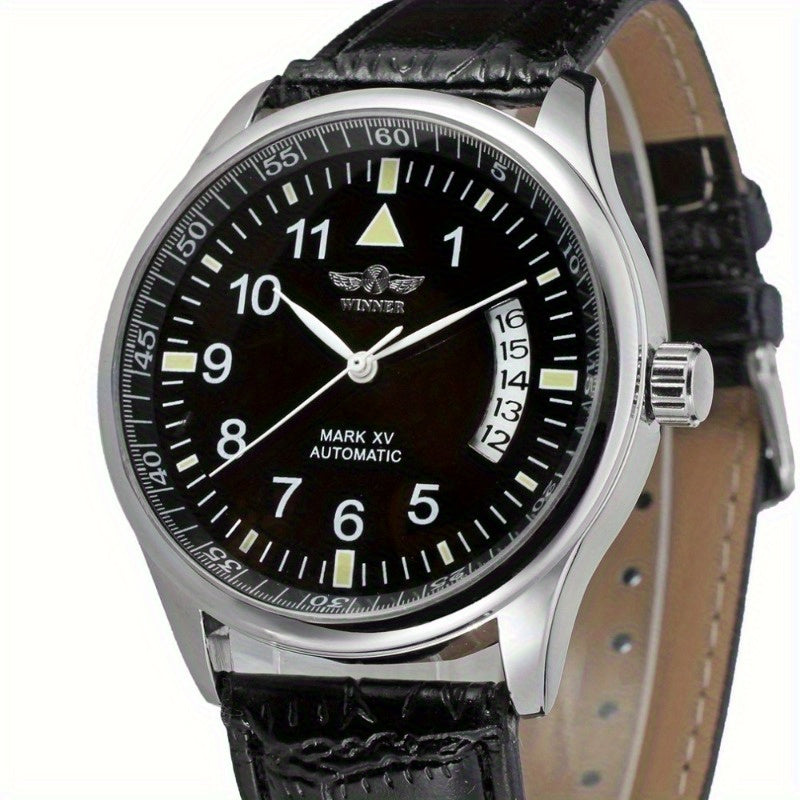 WINNER Self-Winding Mechanical Watch for Women & Men - Large Dial, Round Alloy Case, PU Leather Strap, Calendar