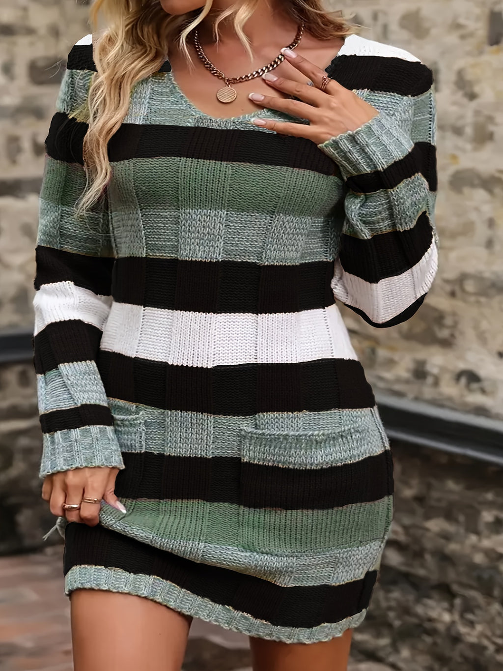 Plus Size Olive Green & White Striped V-Neck Sweater Dress – Long Sleeve with Pockets, Oversized Fall/Winter
