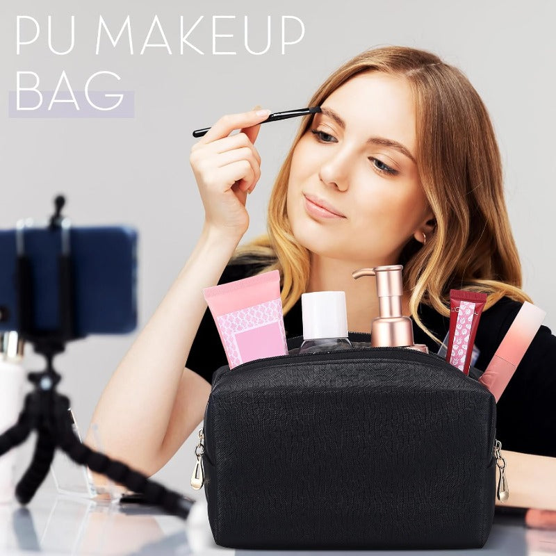 15-Pack Black Makeup Bags with Gold Hardware – Square Travel Cosmetic Pouches, Durable Polyester Toiletry Organizers for Women