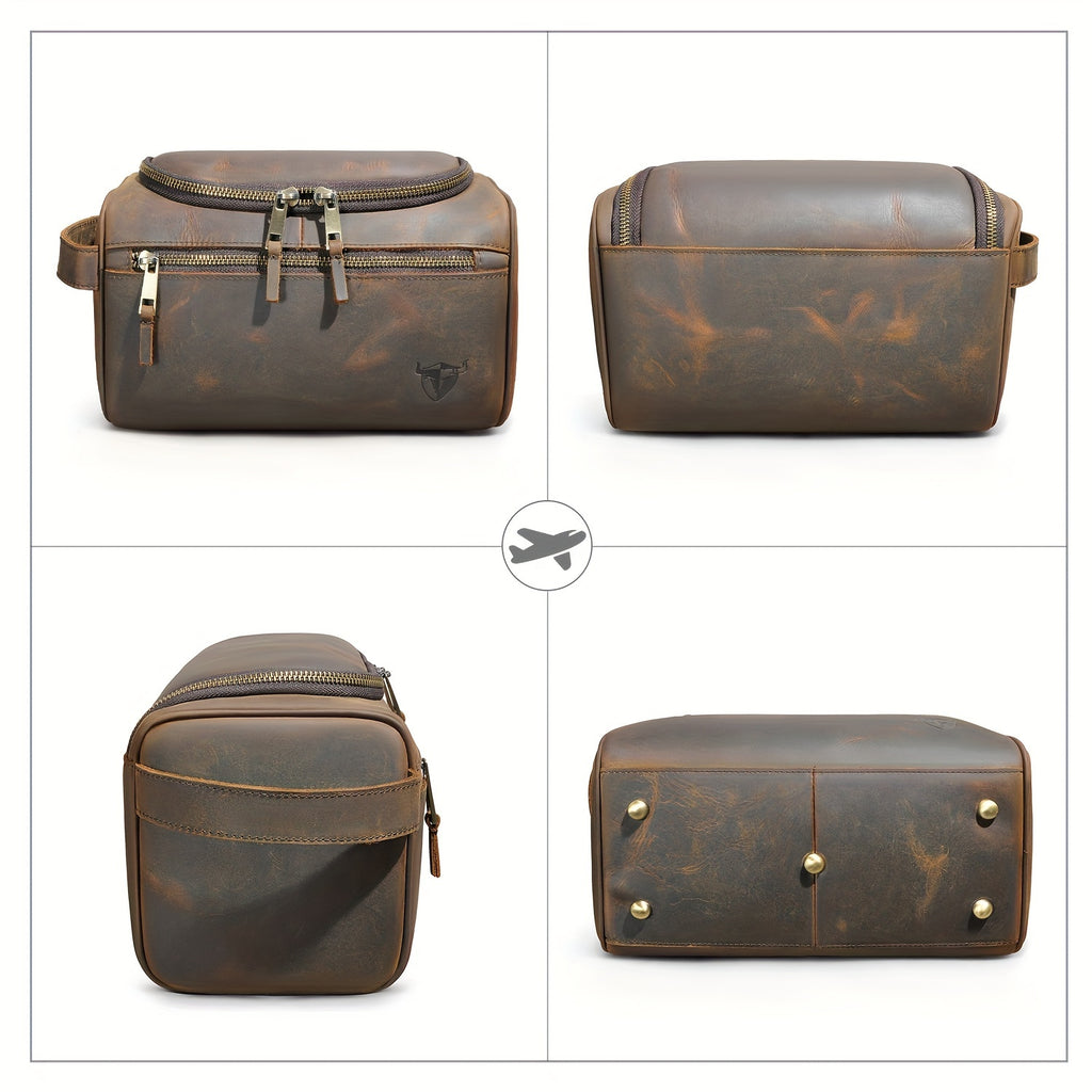 Top-Grain Cowhide Leather Men's Retro Dopp Kit Toiletry Bag – Zippered Multi-Compartment