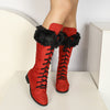 Women's Lace-Up Winter Ankle Boots, Thick Platform Heel, Slip-Resistant Rubber Sole — Warm Motorcycle & Everyday Boots, Red/Black