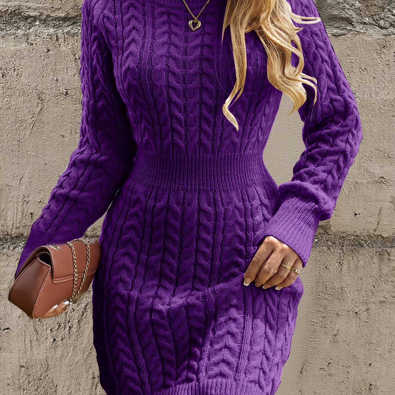 Women's Purple X-Line Sweater Dress – Crew Neck Textured Knit, Non-Transparent Acrylic for Office & Casual