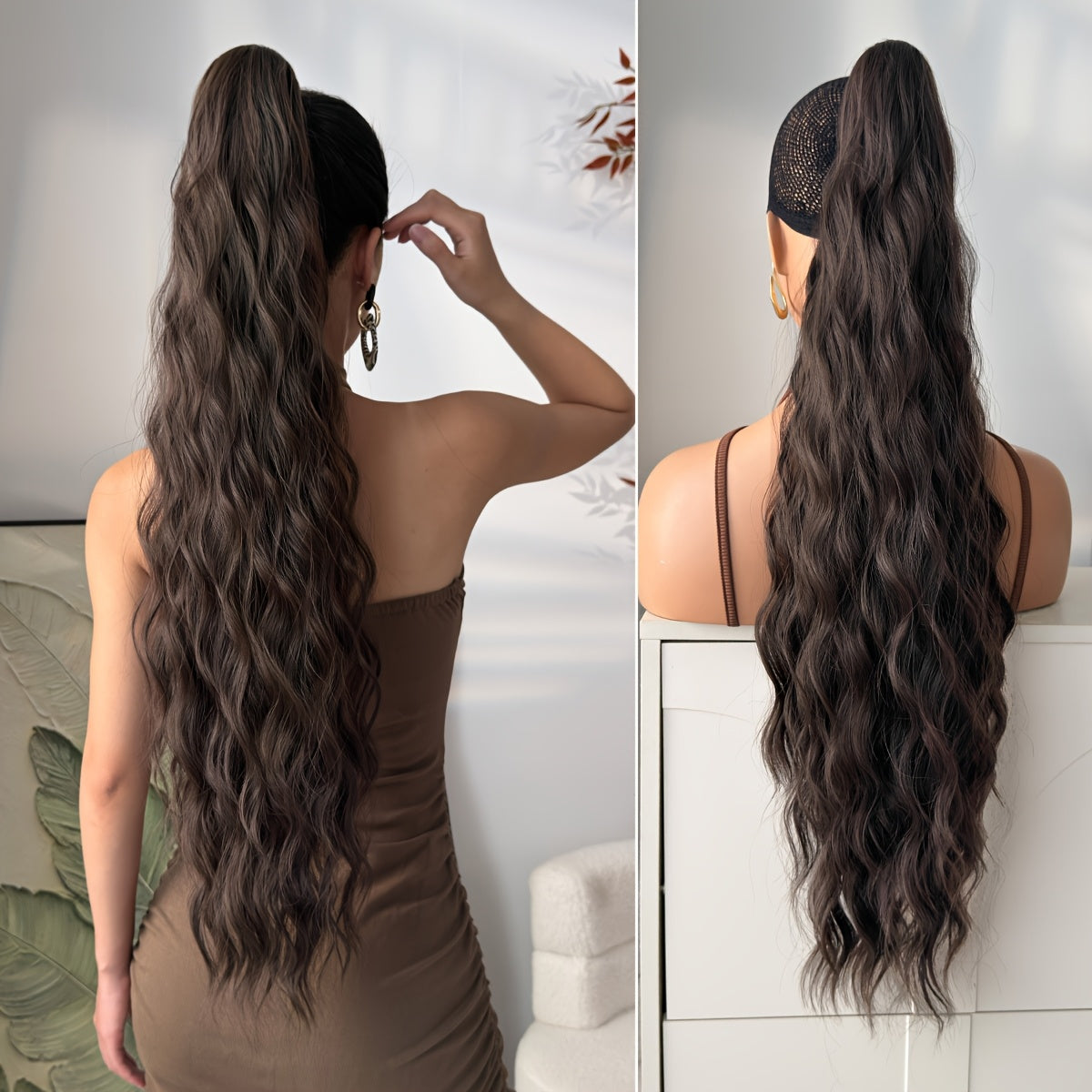 28-Inch (70 cm) Claw Ponytail Extension – Ombre Water Wave Heat-Resistant Synthetic Hair, Black to Dark Brown