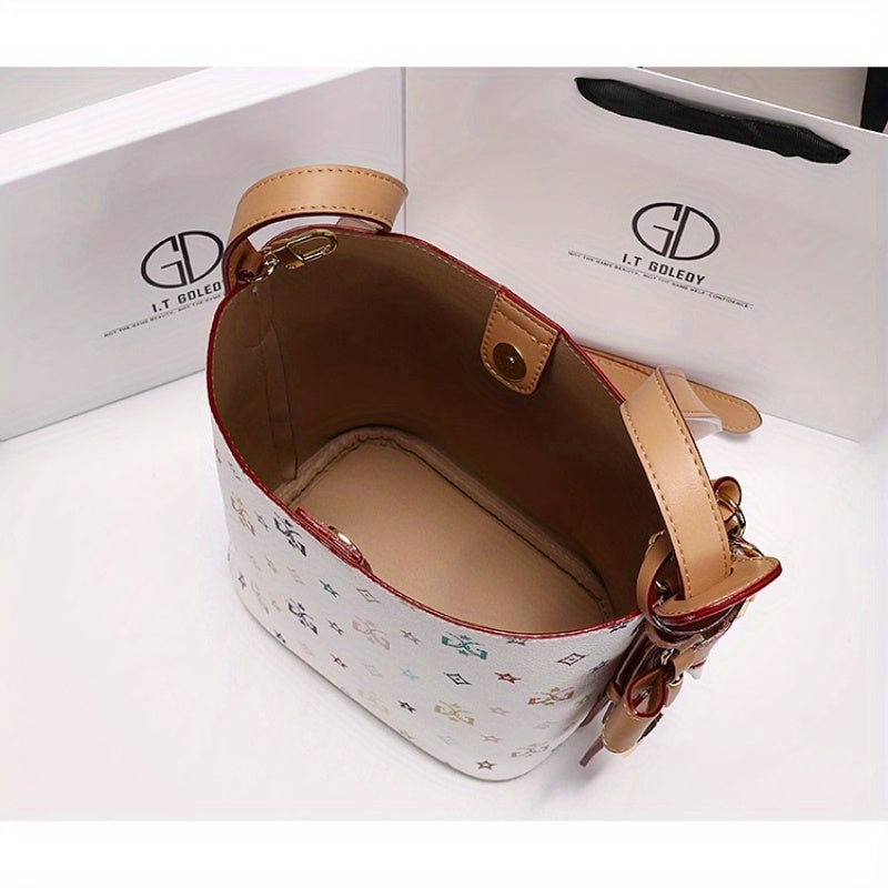 Women's Convertible Bucket Bag – Split Leather Crossbody Handbag with Adjustable Strap, Buckle Closure, Coffee Brown & Beige