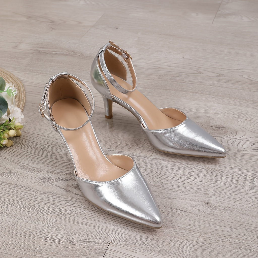 Elegant Golden Stiletto Heels - Women's Pointed-Toe Ankle Strap Pumps with Buckle, Synthetic Upper & Rubber Sole