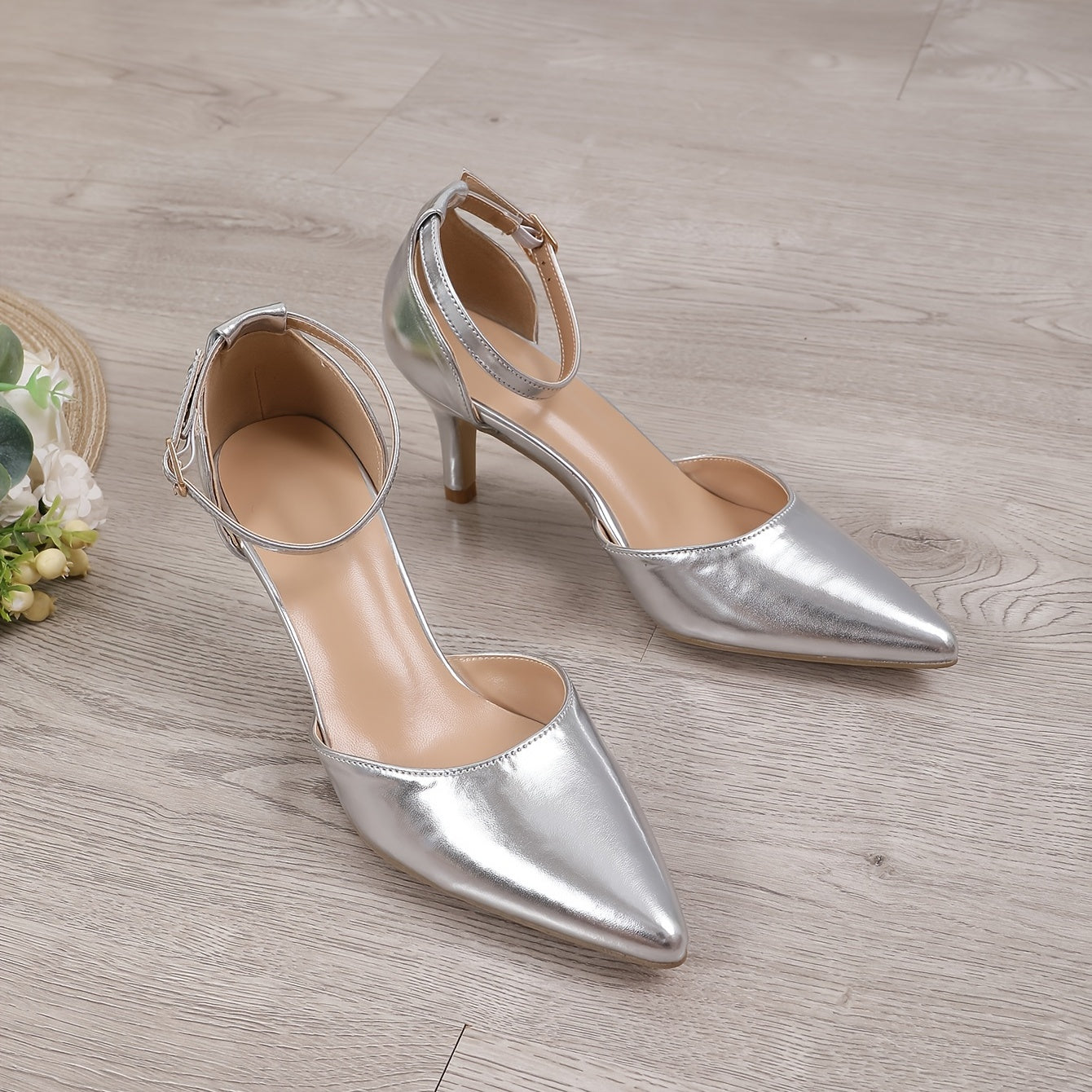 Elegant Golden Stiletto Heels - Women's Pointed-Toe Ankle Strap Pumps with Buckle, Synthetic Upper & Rubber Sole