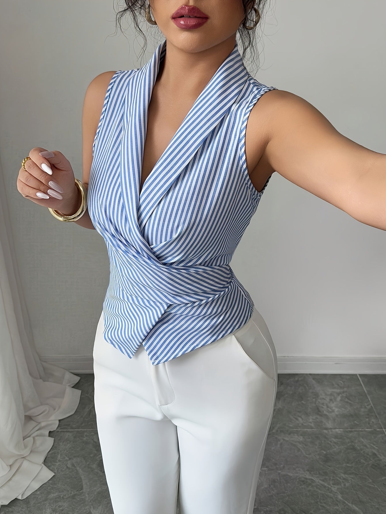 Women's Sleeveless V-Neck Bow-Belt Striped Blouse - Light Blue & White Spring/Summer Top