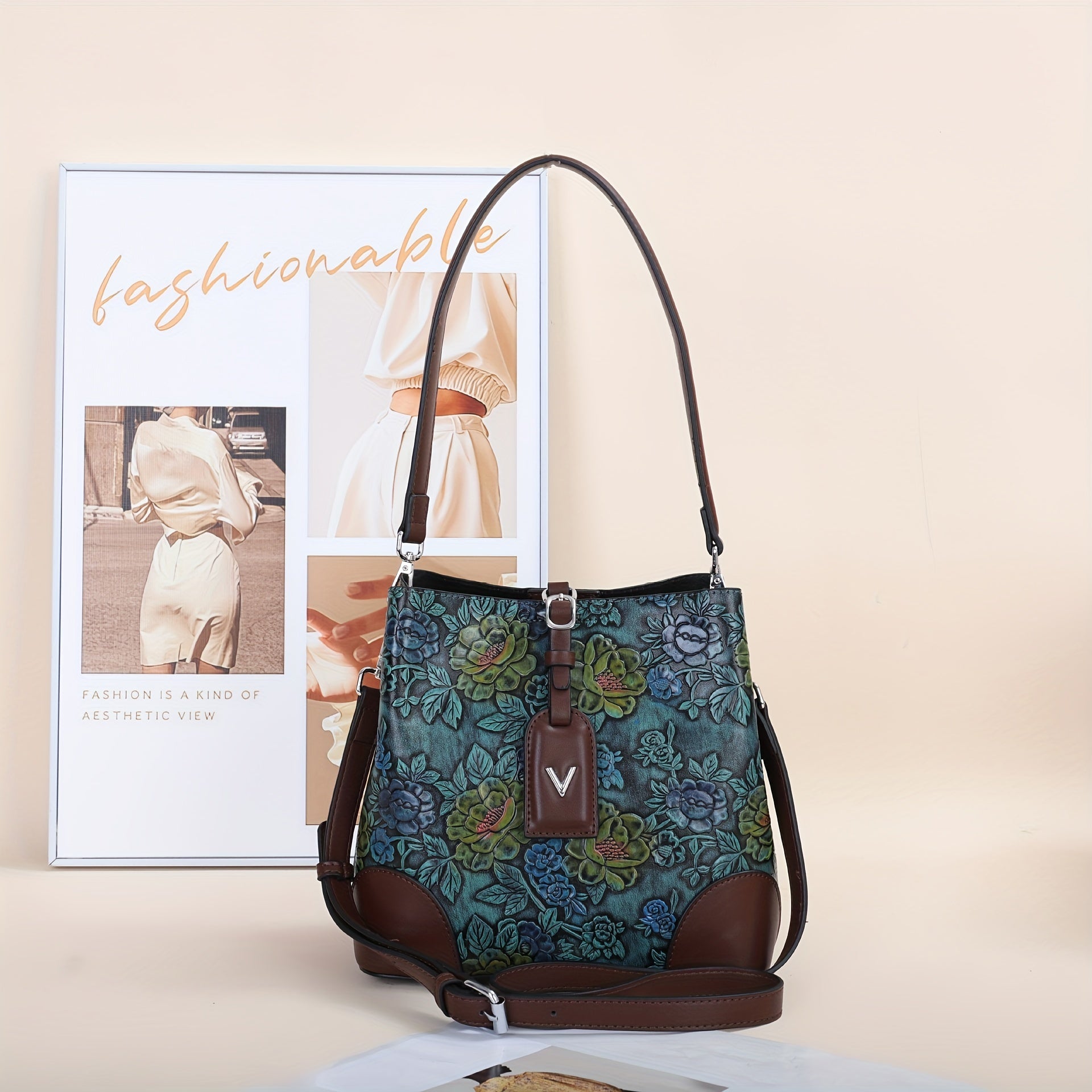Vintage Floral Embroidered Bucket Bag – Coffee PU Crossbody with Detachable Strap & Zipper, Lightweight Large-Capacity Retro Handbag