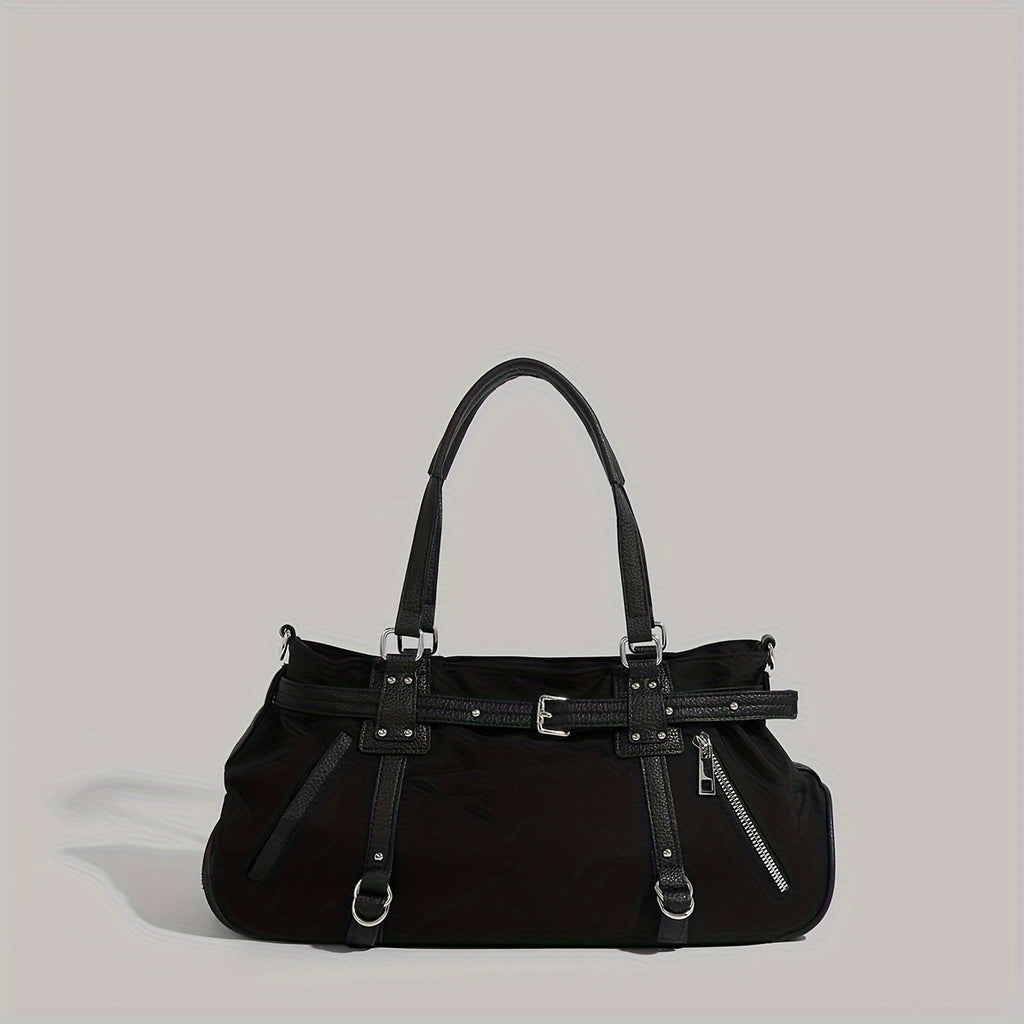 Trendy Underarm Baguette Bag - Black Hippie Shoulder Purse with Removable Strap and Zipper Closure