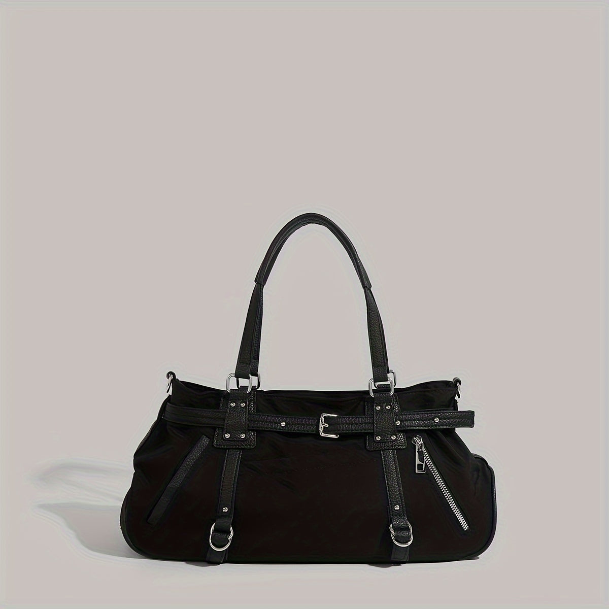 Trendy Underarm Baguette Bag - Black Hippie Shoulder Purse with Removable Strap and Zipper Closure