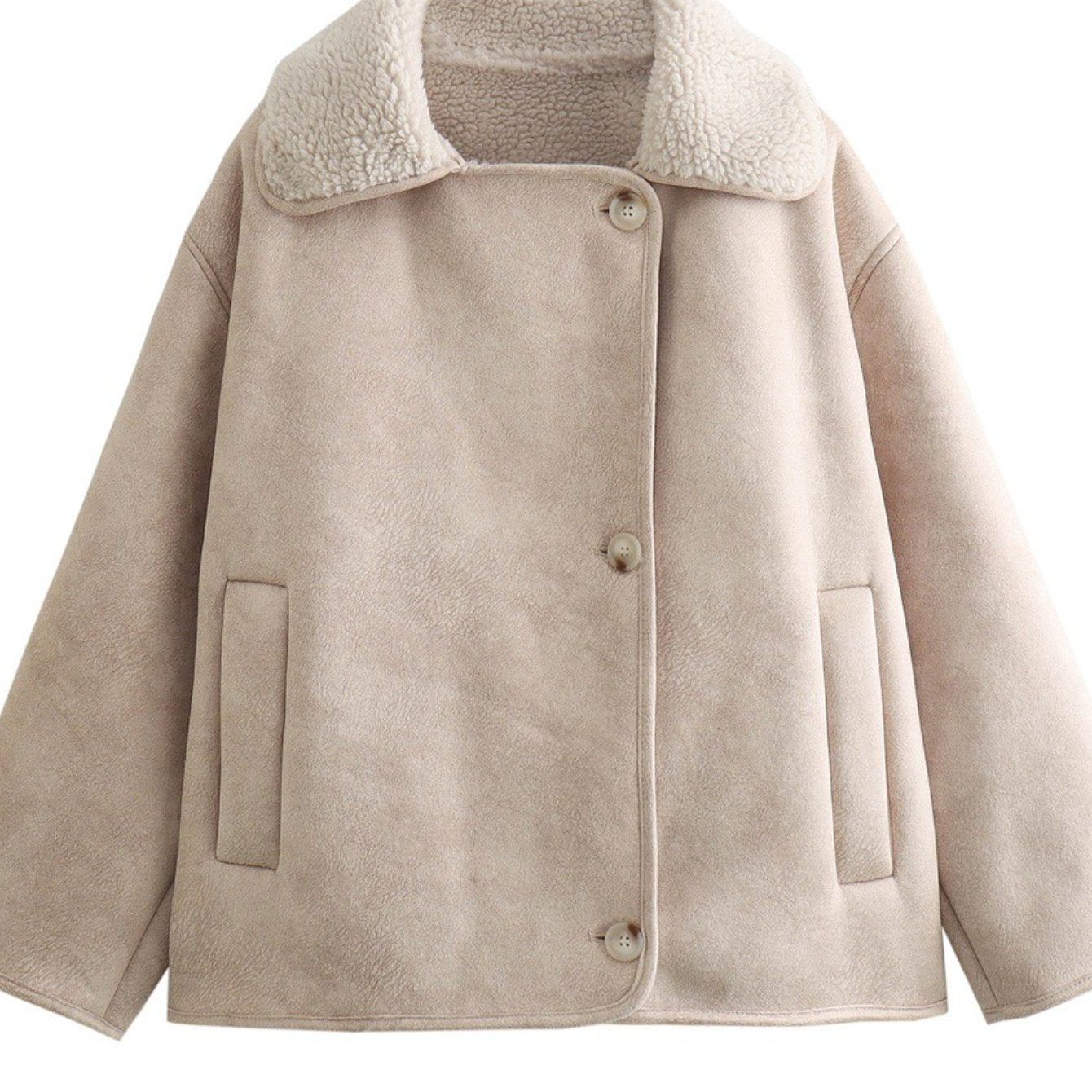 ARTPAGE Women's Suede-Like Faux Leather Jacket with Fur Lining — Short H-Line Black Winter Coat, Button Front Collar