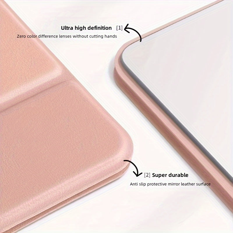 Compact Foldable Travel Makeup Mirror - Glass Surface Leather Frame Portable Mini Desk Mirror No Battery