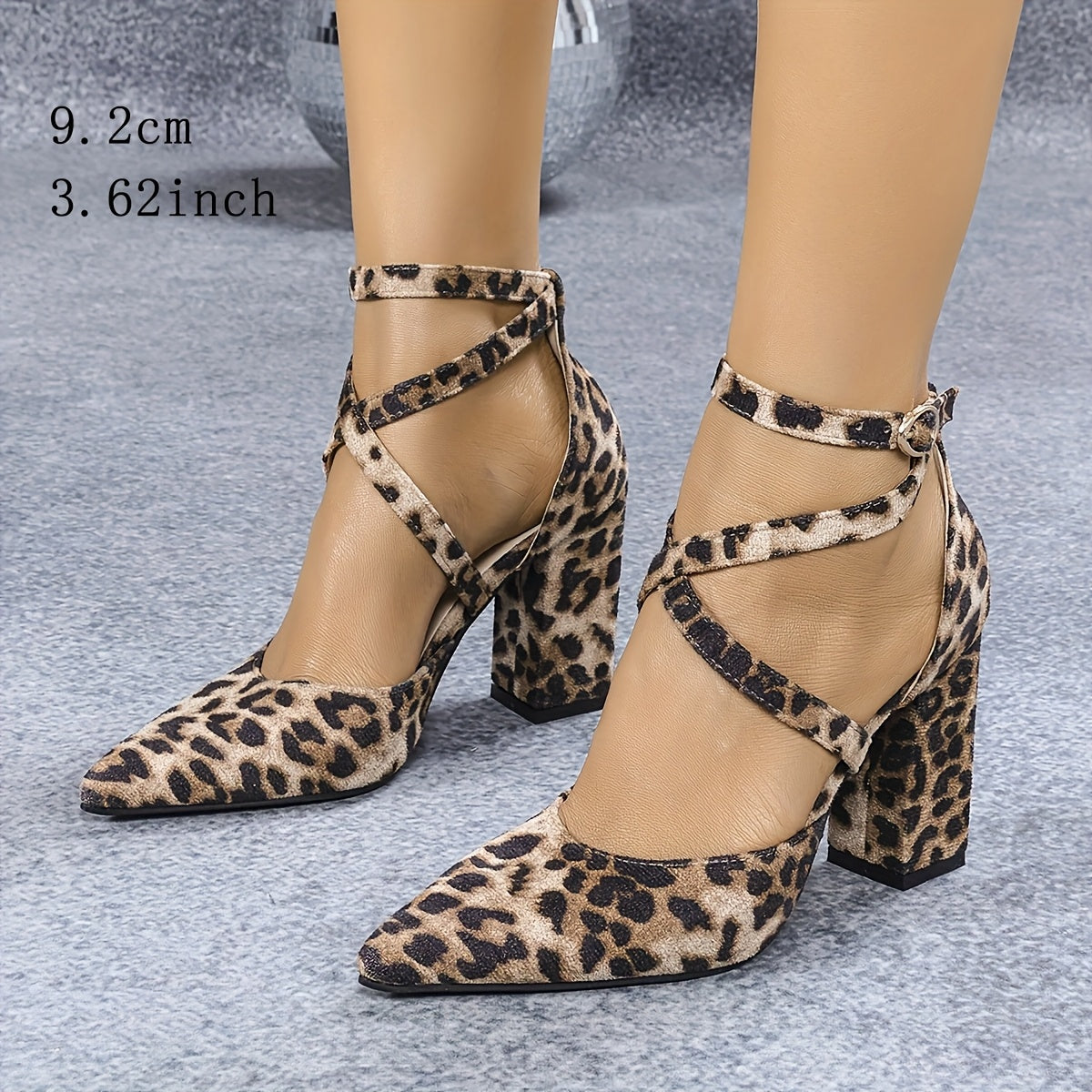 Women's Leopard Print Chunky Block Heels with Cross Straps & Buckle - Pointed Open Toe
