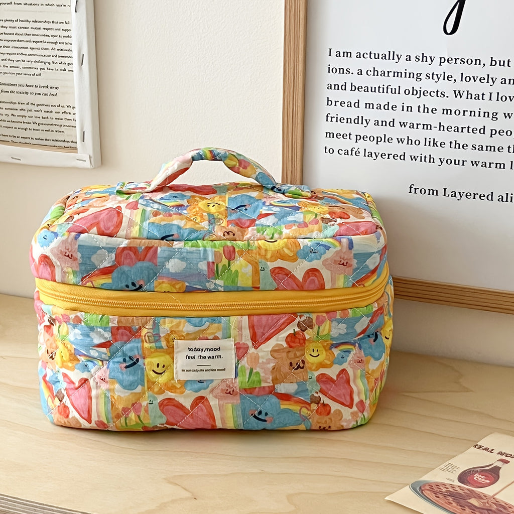 Cute Pastel Makeup Bag for Women - Faces, Hearts & Bears Cosmetic Pouch with Zipper, Lightweight Travel Toiletry Case