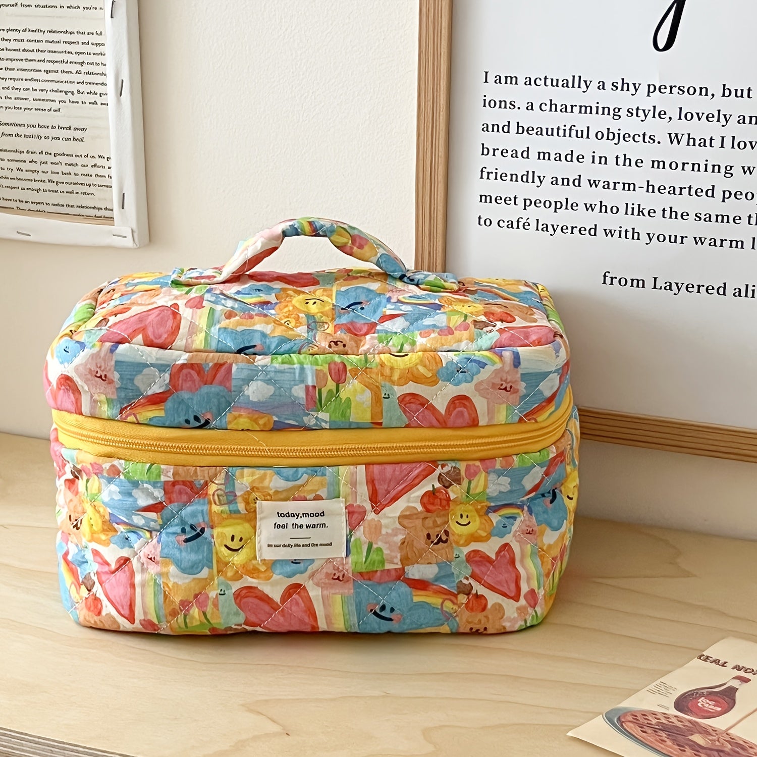 Cute Pastel Makeup Bag for Women - Faces, Hearts & Bears Cosmetic Pouch with Zipper, Lightweight Travel Toiletry Case