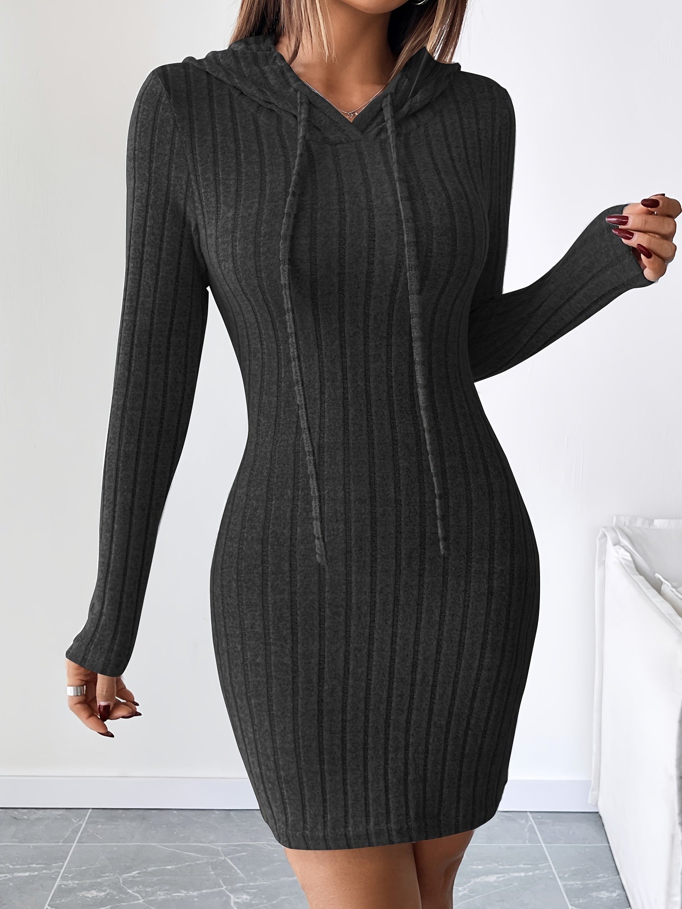 Ribbed Drawstring Hooded Bodycon Dress — Women's Rib-Knit Pencil Dress