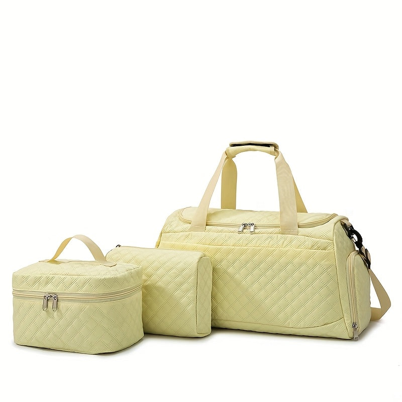 Women's Quilted Diamond 3-Piece Bag Set – Large Capacity Nylon Travel Tote, Removable-Strap Handbag & Square Makeup Bag