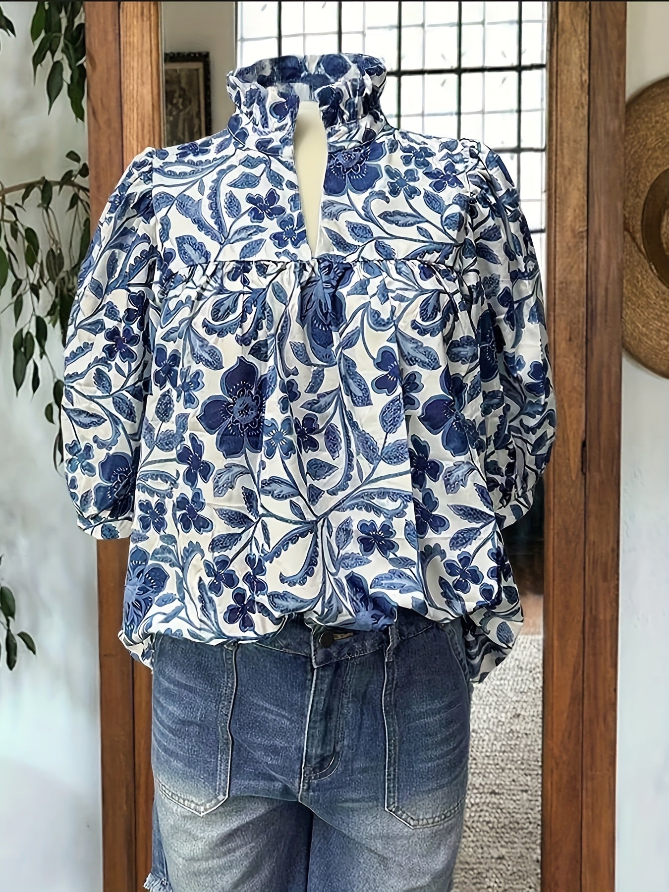 Women's Elegant Floral Short Sleeve Blouse - Stand Collar Lightweight Polyester Top for Spring/Summer/Fall