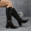 Embroidered Women's Knee-High Boots with Side Zipper, Golden Knight Block Heel Pointed Toe, Autumn/Winter