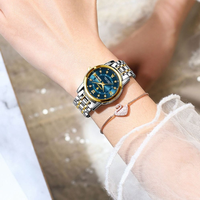 POEDAGAR Women's Elegant Mechanical Watch - Round Dial, Gold-Tone Hands, Stainless Steel Bracelet, Dual Day & Month Display, Jewelry-Style Wristwatch for Everyday & Formal Wear