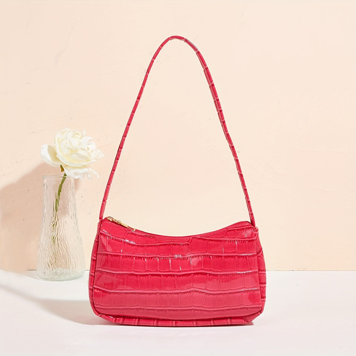 Golden Crocodile-Embossed Shoulder Baguette Bag for Women, Metallic Underarm Purse — Chic Everyday & Mother's Day Gift