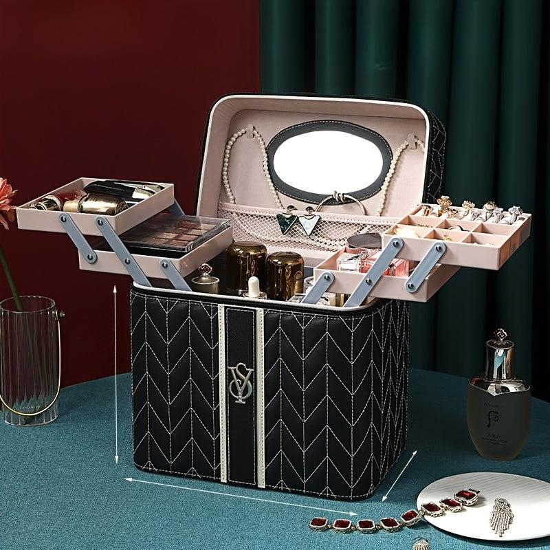 Large Travel Makeup Bag with Mirror & Jewelry Organizer - Embroidered PU Cosmetic Case, Multiple Compartments (Red/Green/White)