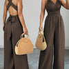 Women's V-Neck Backless Cross-Waist Tie Wide-Leg Jumpsuit - Solid Blue, Machine Washable, Non-Stretch