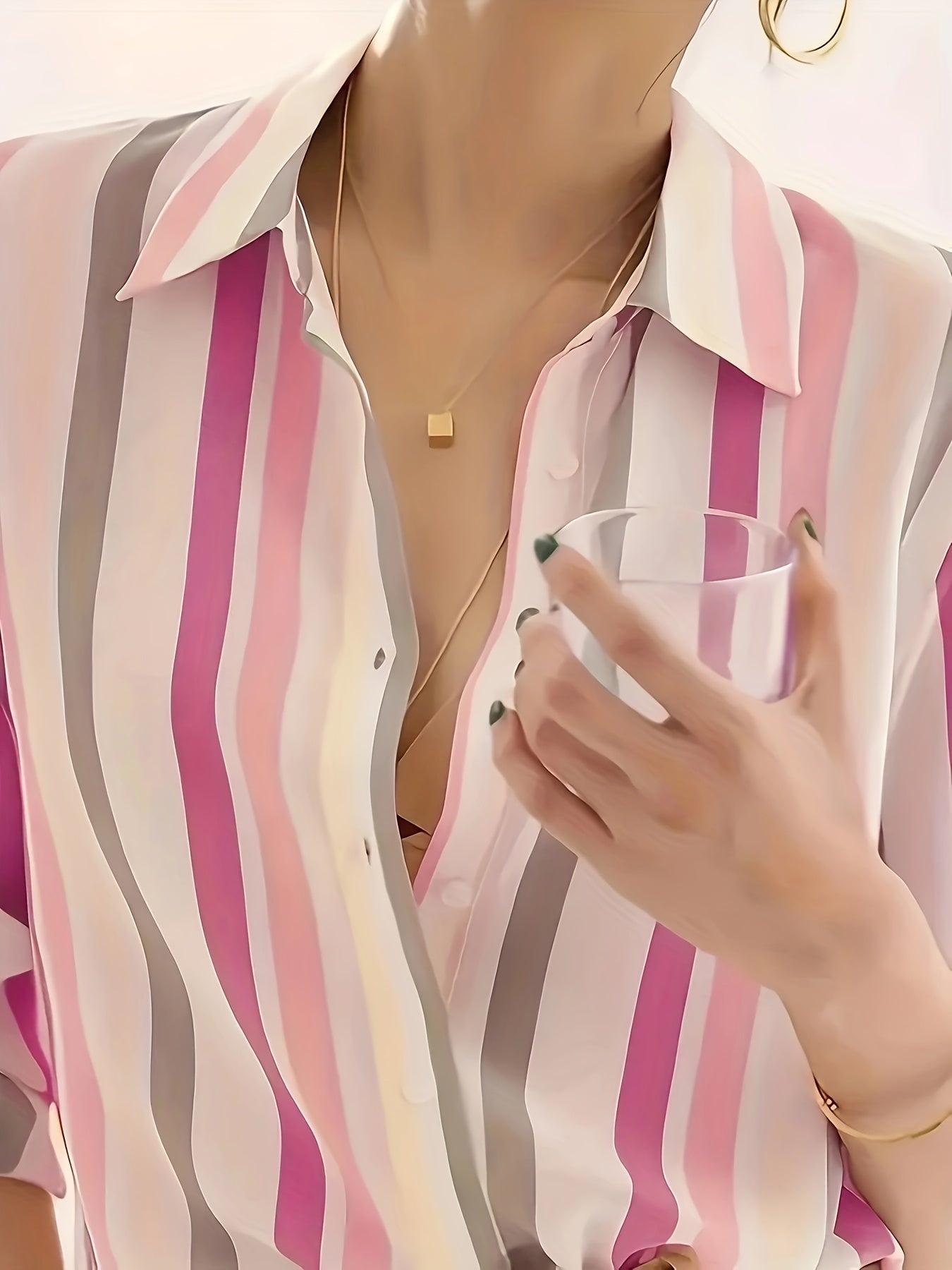 Women's Black & White Vertical Striped Button-Up Shirt — Lightweight Polyester Long Sleeve Collared Top