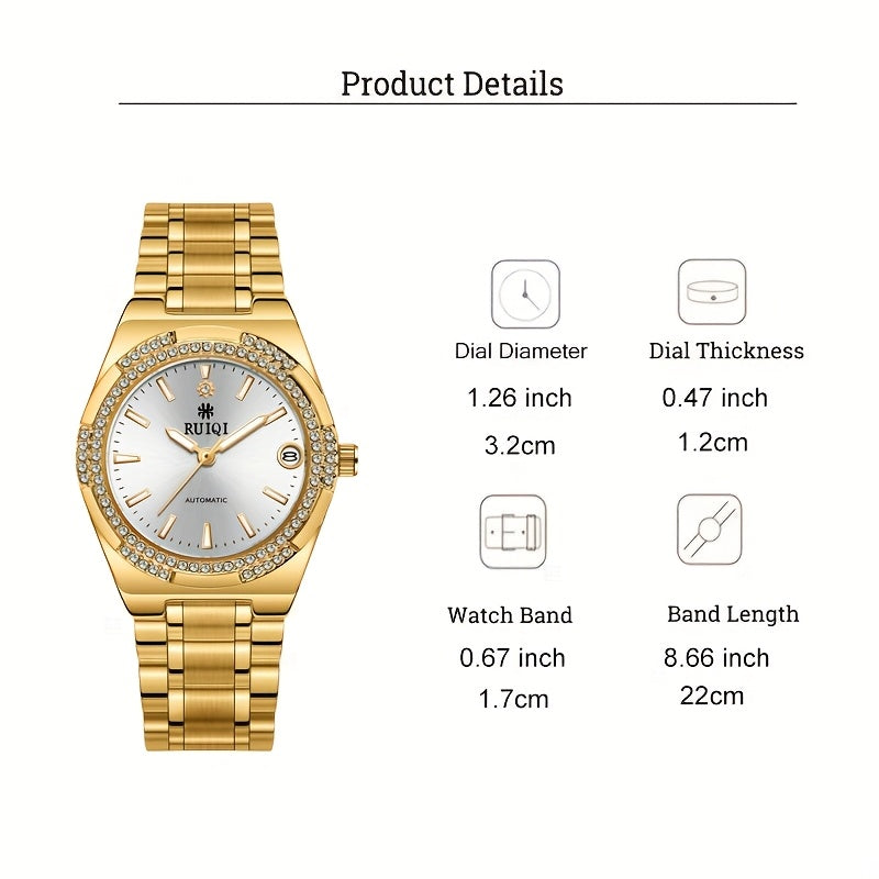 Automatic Mechanical Women's Watch — Rhinestone Dial, Calendar, Luminous Hands, Battery-Free, Stainless Steel Band