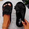Women's Floral Embellished Flip-Flops - Fabric Upper EVA Sole, Mid Platform Heel Slip-On Vacation Sandals