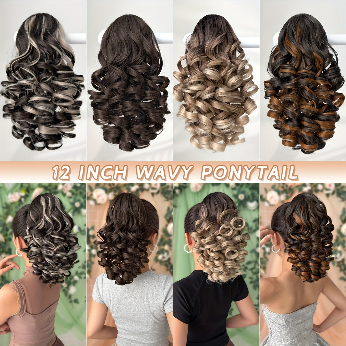 Women's 12-Inch Deep Wave Heat-Resistant Synthetic Claw Ponytail Hair Extension, Curly Clip-In, Multiple Colors (Black, Brown, Blonde, Red, Gray, Beige, White)