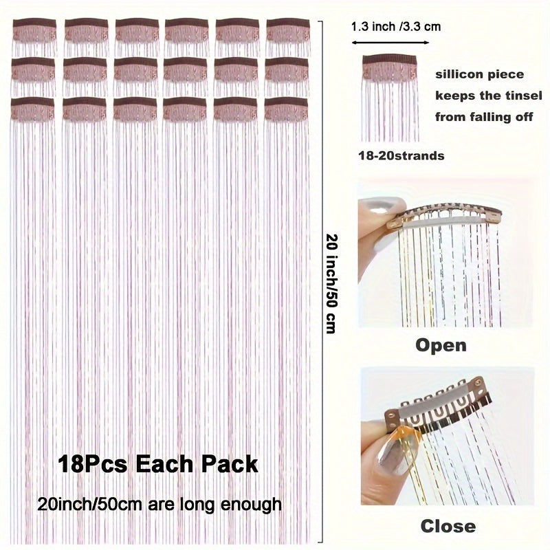 18-Pack 20-Inch Metallic Clip-In Hair Extensions with BB Clips — Heat-Resistant Sparkling Fairy Hair for Women