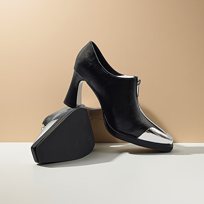 Women's Black Pointed Toe Chunky Block Heel Pumps with Metallic Toe Accent – Comfortable Rubber Sole Dress Shoes