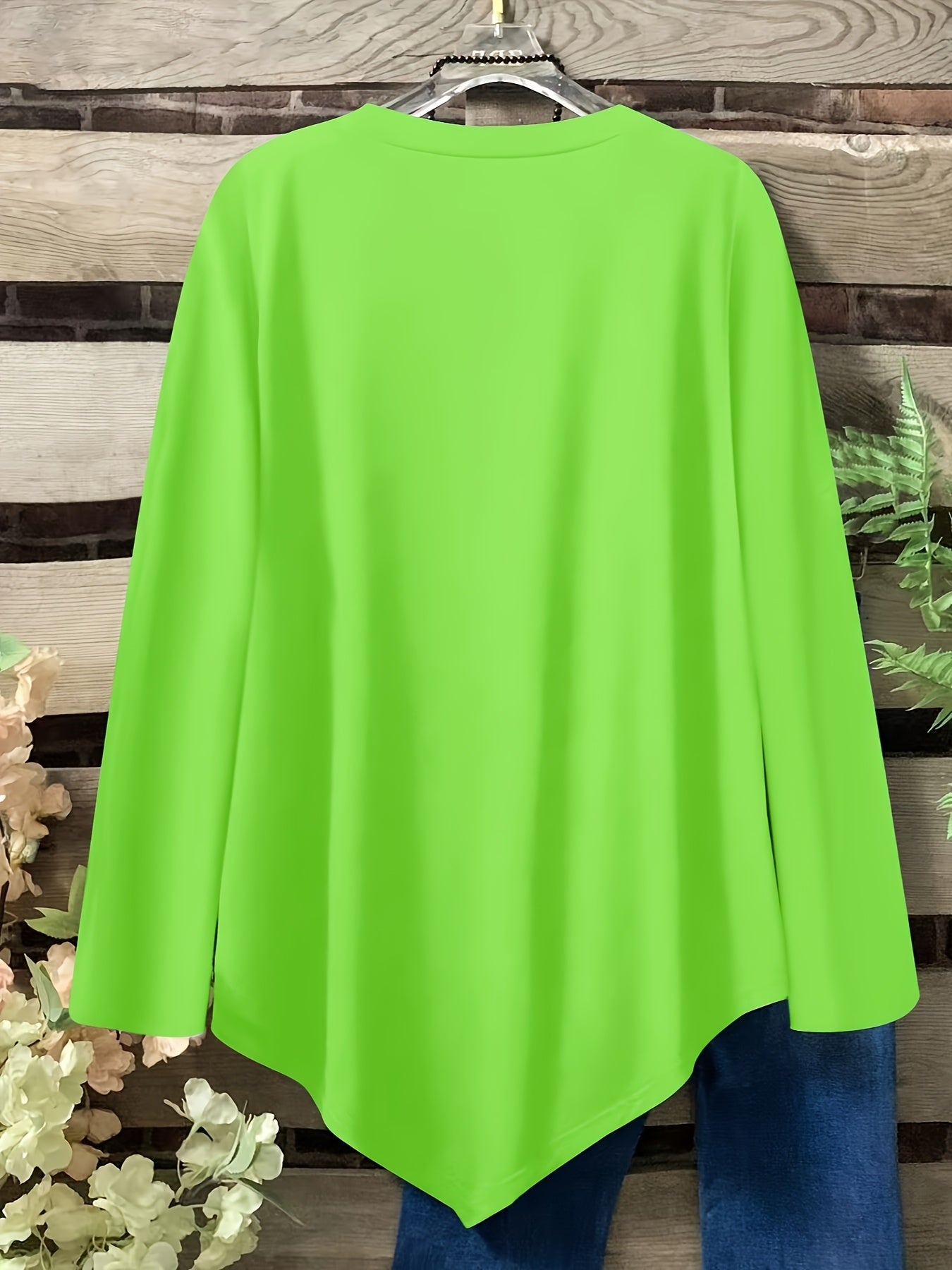 Plus Size Women's Loose Fit Long Sleeve Top with Button Detail, Round Neck & Asymmetrical Hem