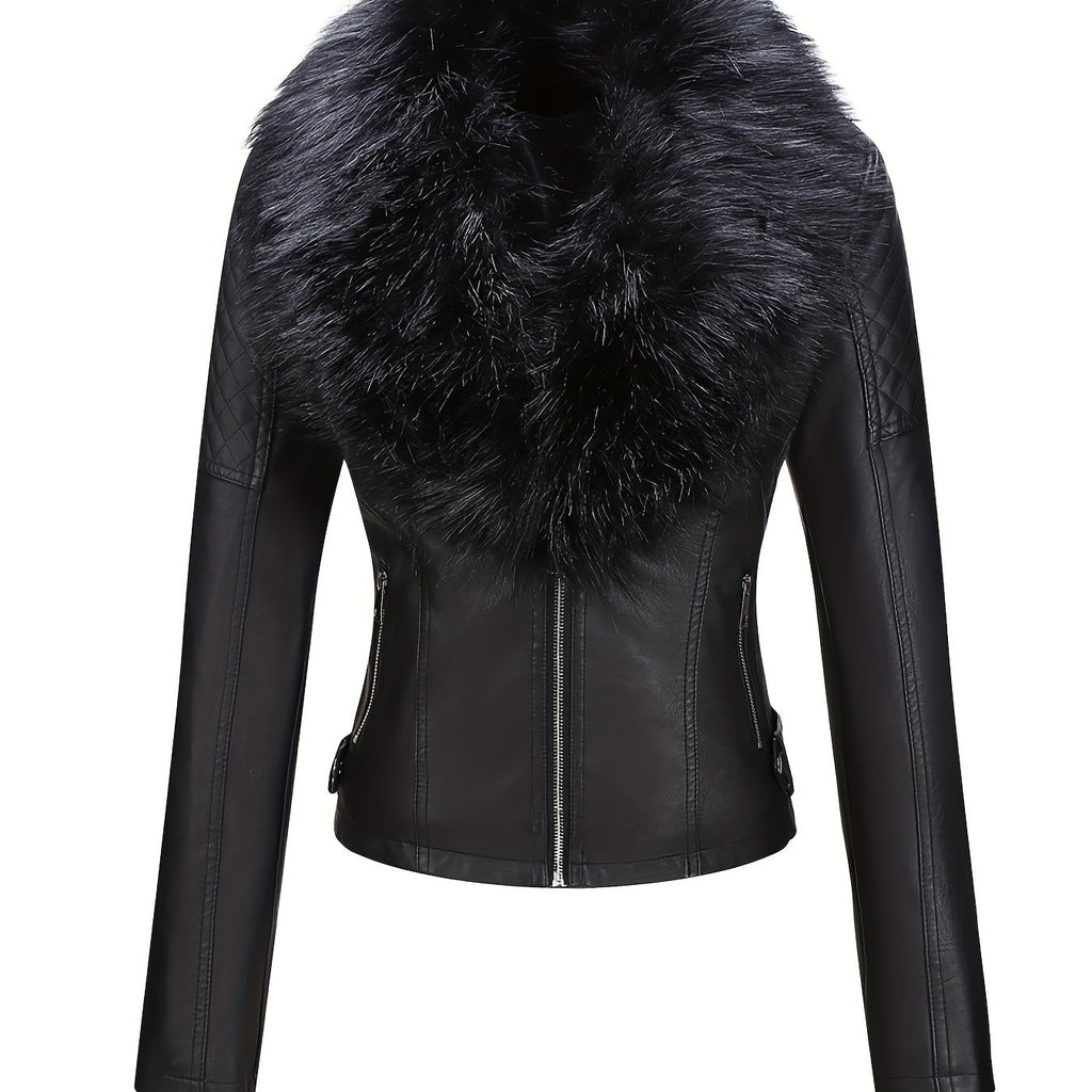 Women's Faux Leather Jacket with Removable Faux Fur Collar, Knit Panels, Zipper Front, Polyester Lined for Fall Winter