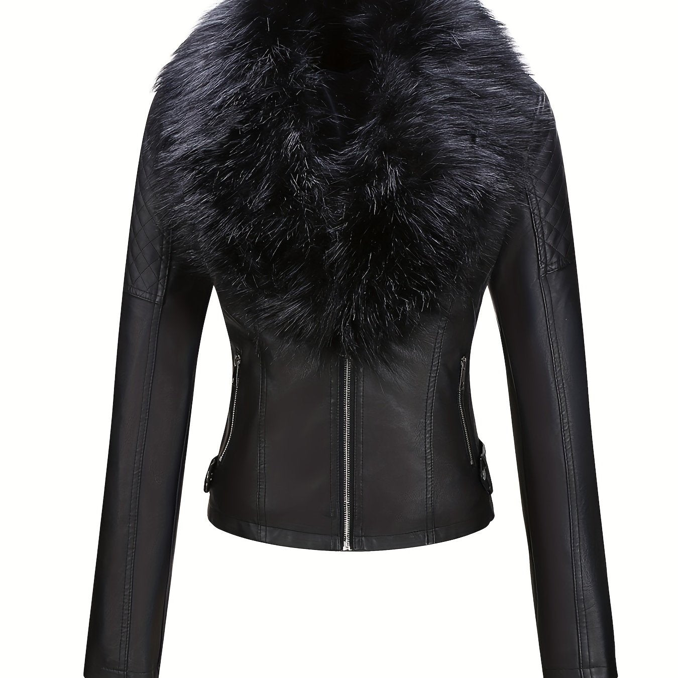 Women's Faux Leather Jacket with Removable Faux Fur Collar, Knit Panels, Zipper Front, Polyester Lined for Fall Winter