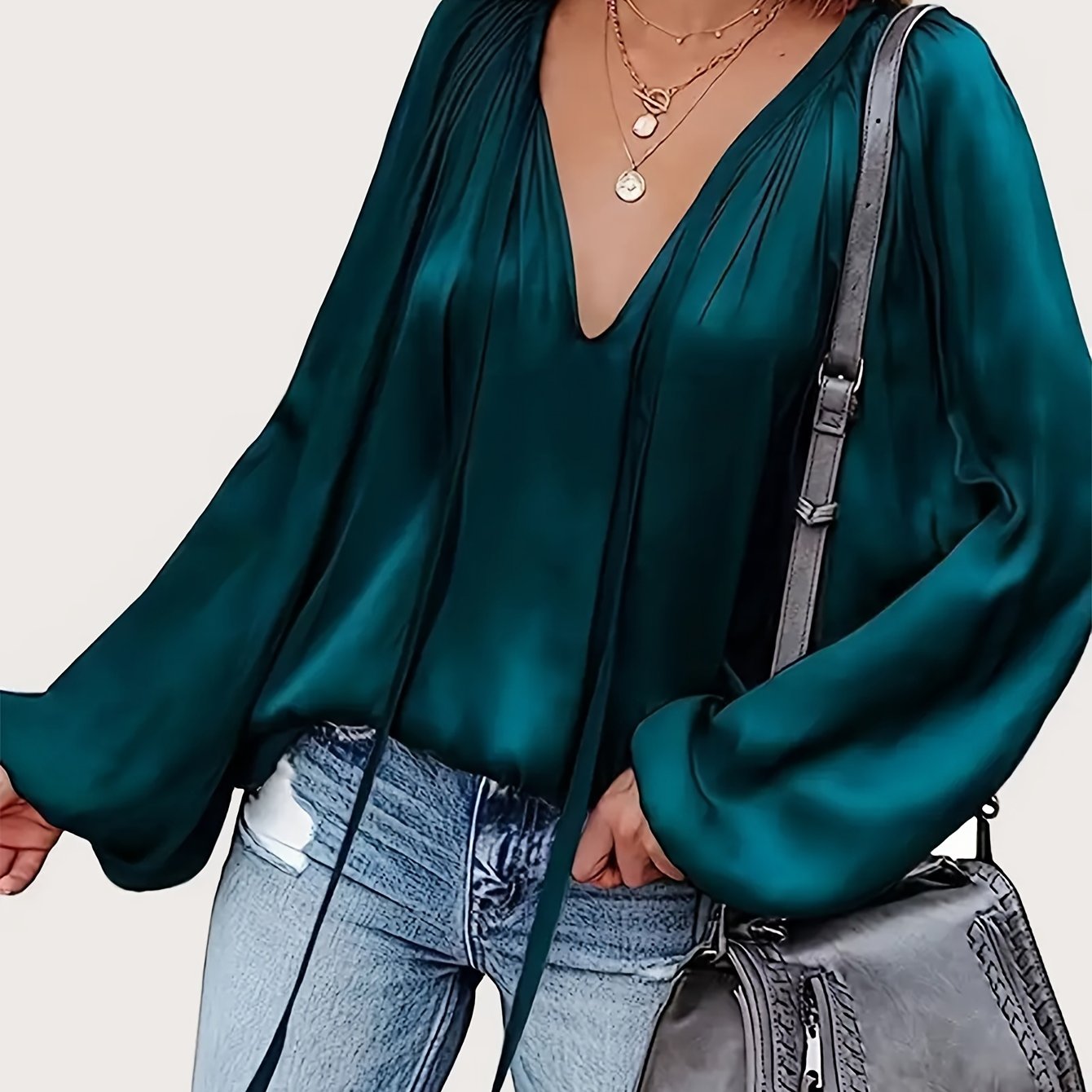 Green French Satin Tie-Front Blouse V-Neck Long Sleeve Ruched Top for Women
